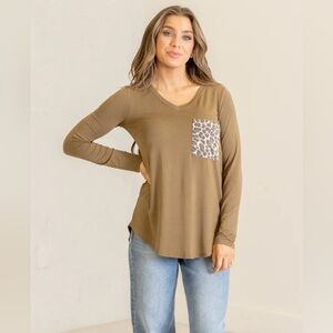 NWT Zenana Leopard Pocket Long Sleeve Top - Olive